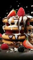 ein paradiesisch Dessert Schokolade, geschmolzen Zucker, Erdbeeren, und Kekse, rein Köstlichkeit Vertikale Handy, Mobiltelefon Hintergrund ai generiert foto