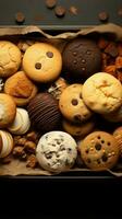 Kekse im ein eben legen, geschmackvoll gerahmt, ein Einladung zu kulinarisch Anerkennung Vertikale Handy, Mobiltelefon Hintergrund ai generiert foto