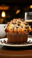 lecker Schokolade Chip Muffin, ein köstlich behandeln zum Ihre Geschmack Knospen Vertikale Handy, Mobiltelefon Hintergrund ai generiert foto