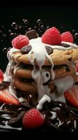 erfüllen Ihre Süss Heißhunger mit ein köstlich mischen von Schokolade, Erdbeeren, Kekse, und Sahne Vertikale Handy, Mobiltelefon Hintergrund ai generiert foto