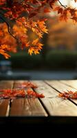 ein leeren hölzern Tabelle einstellen inmitten beschwingt Herbst Ahorn Baum Bokeh Vertikale Handy, Mobiltelefon Hintergrund ai generiert foto