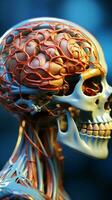 3d medizinisch Modell- Highlights Gehirn Struktur im anatomisch Zahl Illustration Vertikale Handy, Mobiltelefon Hintergrund ai generiert foto