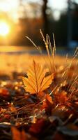 Herbst Blätter schmücken Sonne geküsst Gras, Erstellen ein schön getönt Morgen Szene Vertikale Handy, Mobiltelefon Hintergrund ai generiert foto