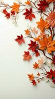 elegant entworfen Herbst Rand mit zart Ahorn Blätter auf ein Weiß Hintergrund Vertikale Handy, Mobiltelefon Hintergrund ai generiert foto