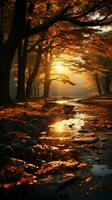 zauberhaft Herbst Aussicht Sonne geküsst Wald golden Vertikale Handy, Mobiltelefon Hintergrund ai generiert foto