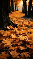 ein Teppich von Herbst Blätter Decken das Pfad im warm Farbtöne Vertikale Handy, Mobiltelefon Hintergrund ai generiert foto