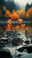 einsam Herbst Blätter, getrennt im heiter Isolation, Erfassung das Wesen von fallen Vertikale Handy, Mobiltelefon Hintergrund ai generiert foto