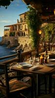 Restaurant im das Mittelmeer ein draussen Abendessen Vertikale Handy, Mobiltelefon Hintergrund ai generiert foto