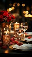 selektiv Fokus auf ein Jahrgang romantisch Abendessen Konfiguration mit rot Dekor und Kerzenlicht Vertikale Handy, Mobiltelefon Hintergrund ai generiert foto