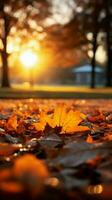 sonnendurchflutet Morgen leuchtet gefallen Blätter, Gießen ein warm Ton auf das Gras Vertikale Handy, Mobiltelefon Hintergrund ai generiert foto
