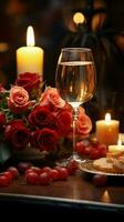 Tabelle zum Romantik rot Wein Kerzen Rosen Vertikale Handy, Mobiltelefon Hintergrund ai generiert foto