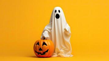 Halloween Geist mit Kürbis auf Orange Hintergrund. 3d Illustration. ai generiert. foto