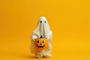 Halloween Urlaub Konzept. komisch Geist im Weiß Kostüm mit Kürbis auf Orange Hintergrund. ai generiert. foto