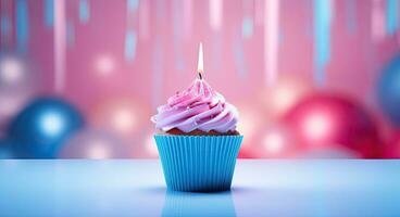 Geburtstag Cupcake mit Rosa Sahne und Verbrennung Kerze auf Blau Hintergrund. ai generiert. foto