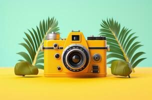 Gelb retro Kamera mit Palme Blätter auf ein Gelb Hintergrund. 3d Wiedergabe. ai generiert. foto