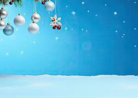 Weihnachten Hintergrund mit Silber Bälle und Schneeflocken auf ein Blau Hintergrund. ai generiert. foto