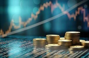 Investition Konzept, Münzen Stapel mit Lager Markt oder Forex Handel Graph Hintergrund. ai generiert. foto