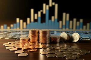 Investition Konzept, Münzen Graph Lager Markt 3d machen Illustration. ai generiert. foto