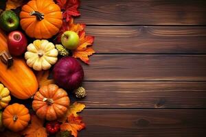 Herbst Hintergrund mit Kürbisse, Äpfel und Blätter auf hölzern Tisch. ai generiert. foto