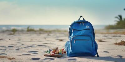 Blau Rucksack und Sand auf das Strand. Reise und Sommer- Konzept. ai generiert. foto