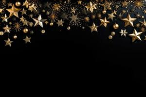 Weihnachten Hintergrund mit golden Sterne und Schneeflocken auf ein schwarz Hintergrund. ai generiert. foto