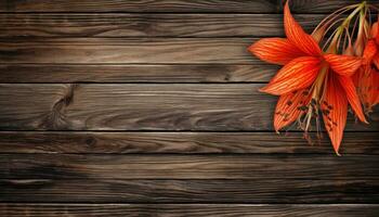 Orange Lilie Blume auf ein hölzern Hintergrund. Platz zum Text. ai generiert. foto