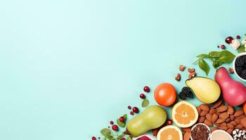 gesund Essen Hintergrund mit Früchte, Beeren und Nüsse auf Blau Hintergrund. ai generiert. foto