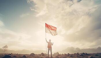 Mann winken indonesisch Flagge auf das oben von das Berg. 3d Wiedergabe. ai generiert. foto