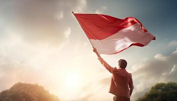 Mann halten indonesisch Flagge im das Wind auf Natur Hintergrund. ai generiert. foto