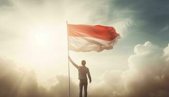 Geschäftsmann Stehen mit winken Indonesien Flagge gegen Blau Himmel mit Sonne Strahlen. ai generiert. foto