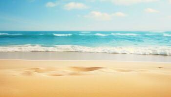 Strand Sand und Welle Hintergrund. Sommer- Ferien und Urlaub Konzept. ai generiert. foto