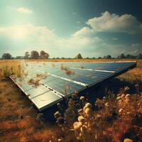 Solar- Energie Paneele im das Feld. retro getönt Bild. ai generiert. foto