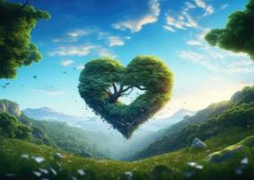Herz geformt Baum auf Grün Wiese und Blau Himmel Hintergrund. 3d Wiedergabe. ai generiert. foto