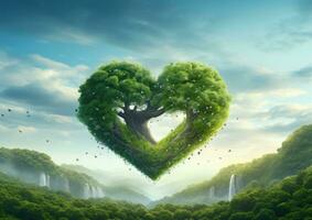 Herz geformt Baum im das Grün Wald. 3d machen Illustration. ai generiert. foto