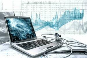 Stethoskop und Laptop auf das Hintergrund von finanziell Diagramme und Grafiken. ai generiert. foto