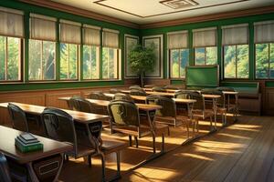 Klassenzimmer Innere mit Stühle und Grün Wände. ai generiert. foto