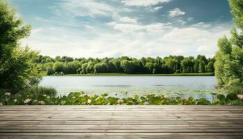 hölzern Deck mit See und Bäume im das Hintergrund. Panorama. ai generiert. foto