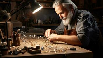 Juwelier Arbeiten mit kostbar Steine beim seine Werkbank im seine Werkstatt. ai generiert. foto