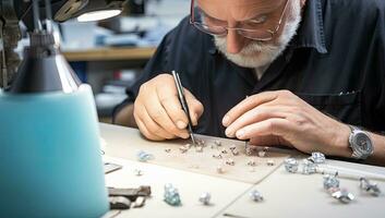 Senior Juwelier Arbeiten im seine Werkstatt.Juwelier Herstellung Schmuck. ai generiert. foto