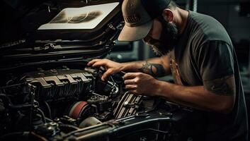 Nahansicht von ein bärtig tätowiert Mechaniker reparieren ein Wagen. ai generiert. foto