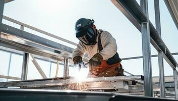 Arbeiter im schützend Kleidung und Helm Schweißen Metall auf das Dach von ein Gebäude. ai generiert. foto