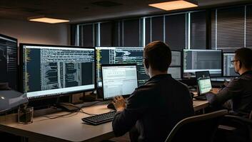 Programmierer Arbeiten auf Computers im ein Software Entwicklung Unternehmen Büro spät beim Nacht. ai generiert. foto
