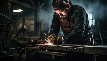 ein Schweißer beim Arbeit im ein Werkstatt. Metallbearbeitung Industrie. ai generiert. foto