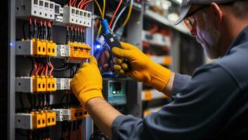 Elektriker Arbeiten im Sicherung Kasten, Nahaufnahme. elektrisch Tafel. ai generiert. foto