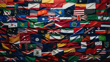 Hintergrund von viele Flaggen von das Welt. das Konzept von International Beziehungen. ai generiert. foto