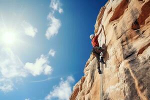 männlich Bergsteiger hängend auf ein Seil auf ein Hintergrund von Blau Himmel. ai generiert. foto