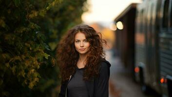 schön jung Frau mit lange lockig Haar Gehen auf das Straße im Herbst. ai generiert. foto