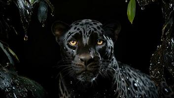 Porträt von ein schwarz Panther auf ein schwarz Hintergrund mit Blätter. ai generiert. foto