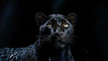 Porträt von ein schwarz Panther auf ein schwarz Hintergrund mit Wasser Tropfen. ai generiert. foto