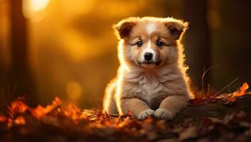 Porträt von ein Walisisch Corgi Hund im das Herbst Park. ai generiert. foto